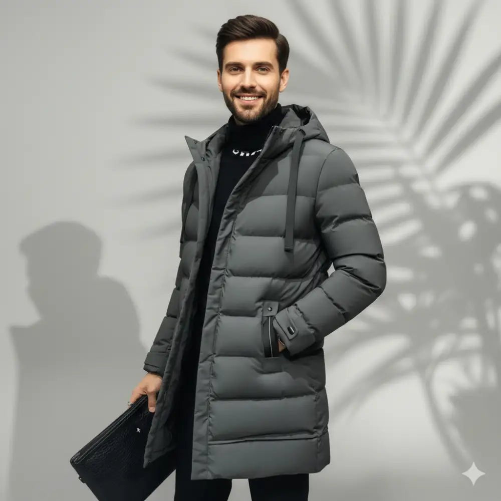 Parka homme grise longue matelassée – Le Grisaille, manteau d'hiver stylé et chaud.