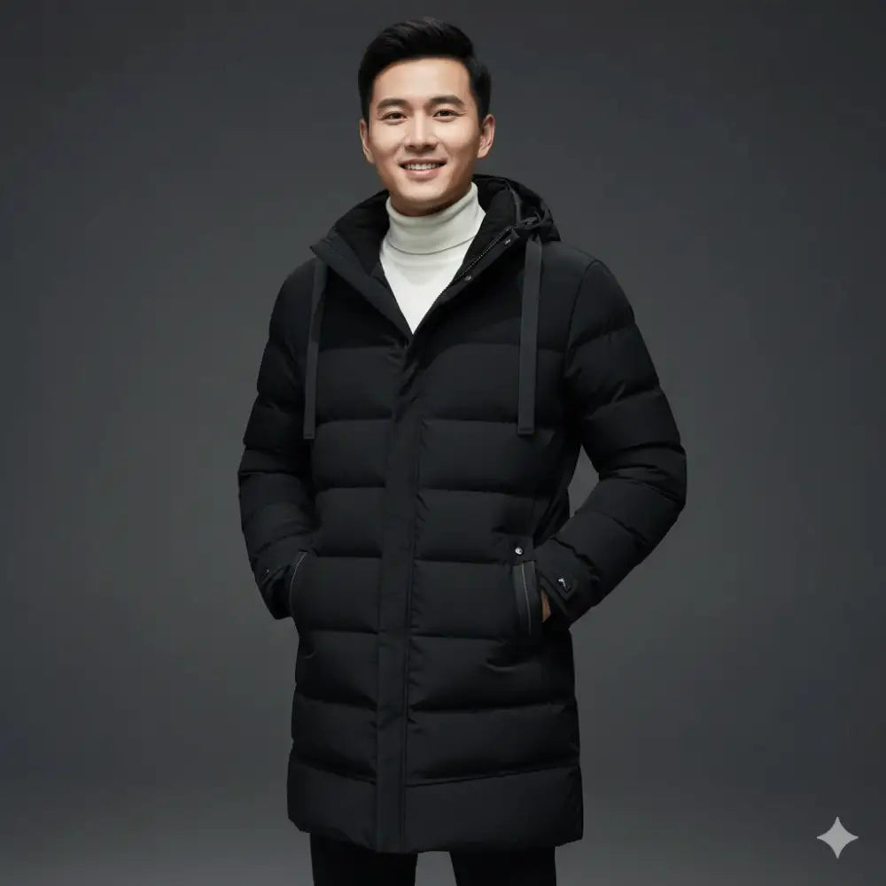 Parka homme chaude en tissu extérieur déperlant avec coupe pratique et hoodie noir
