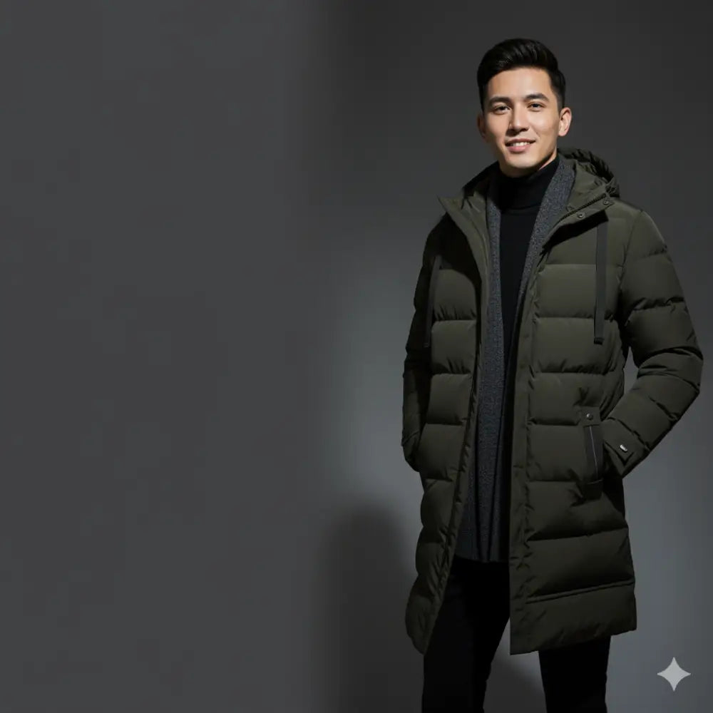 Parka homme chaude en tissu extérieur déperlant, coupe pratique, long olive foncé