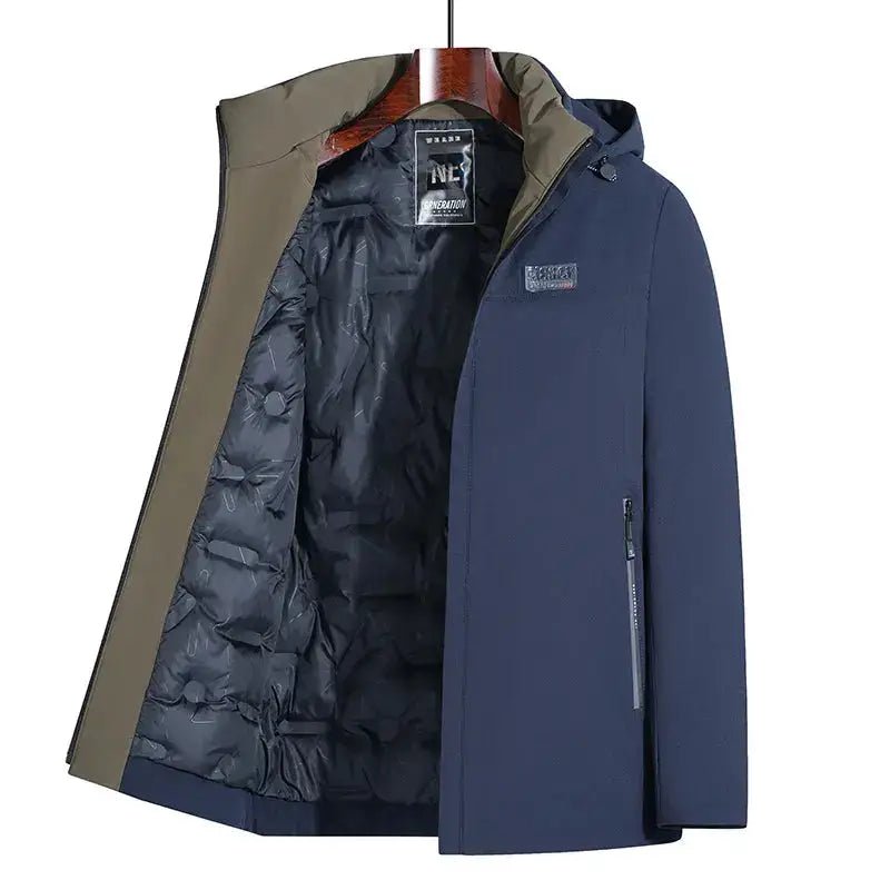 Parka homme hiver avec capuche, doublure isolante, couleur bleu, pratique pour l'hiver.