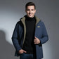 Parka homme hiver avec tissu extérieur déperlant, veste bleue, fausse fourrure, look casual