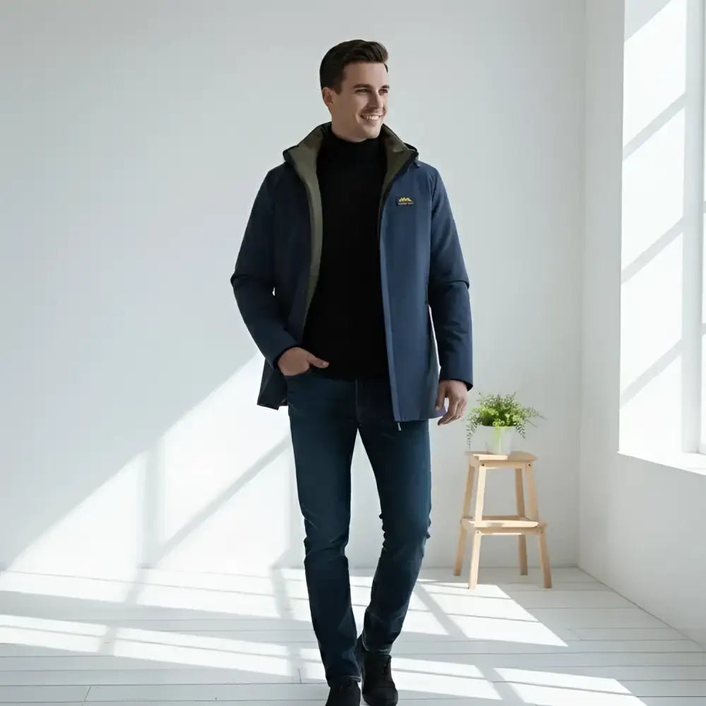 Parka homme noire longue à capuche – Le Citadin présentée par un homme dans une pièce lumineuse.