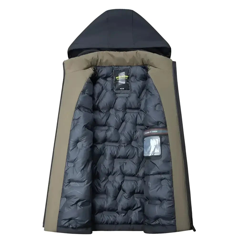 Parka homme noire longue à capuche, vue intérieure, doublure chaude et confortable.