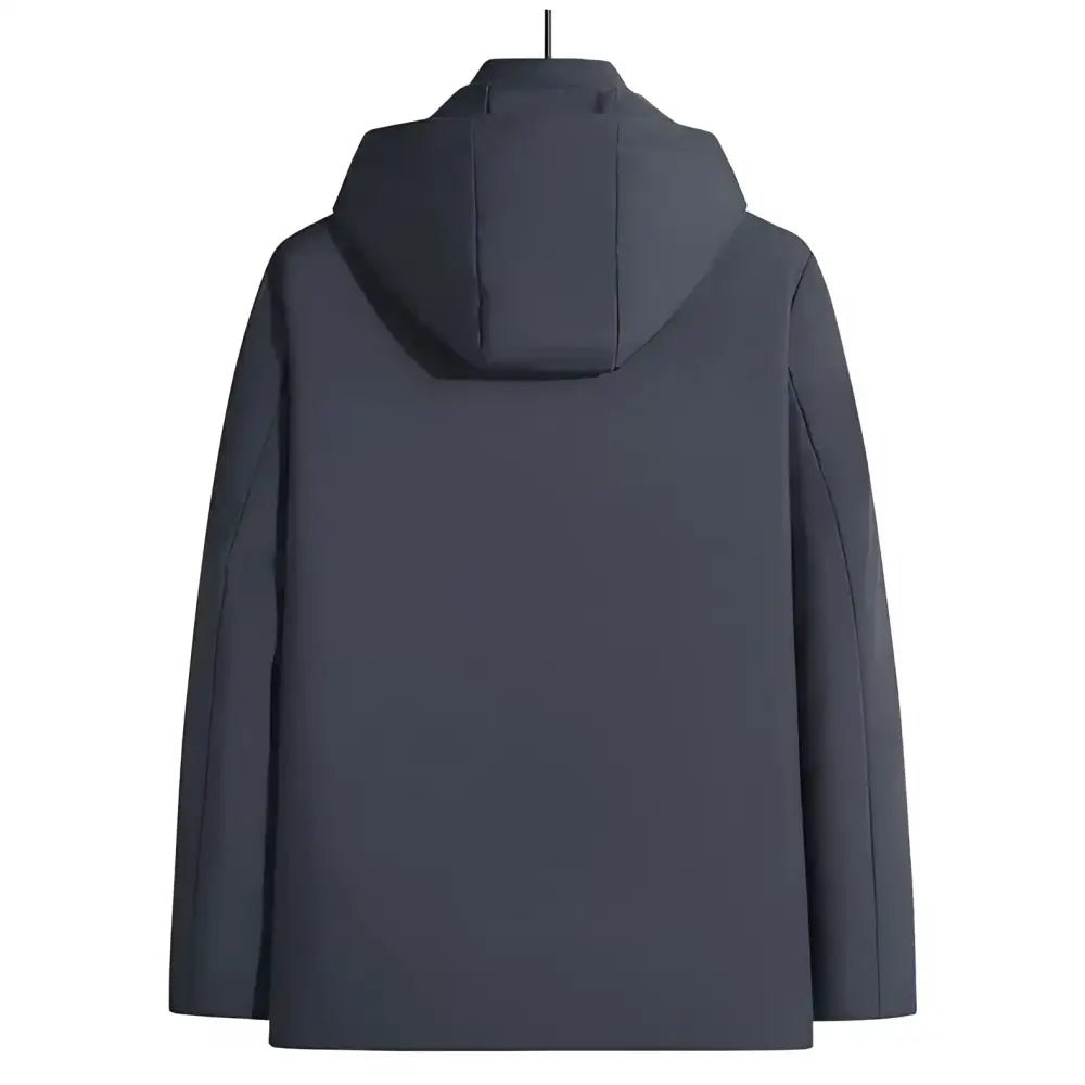 Parka homme noire longue à capuche vue de dos, confectionnée en polyester, style uni.