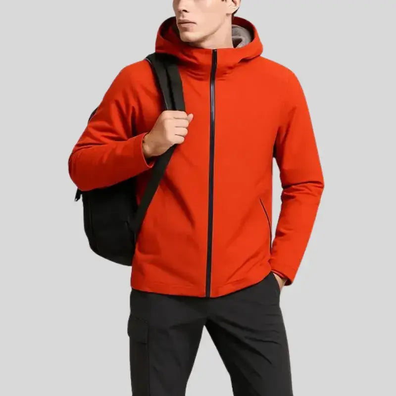 Parka homme imperméable avec capuche orange vif, fermeture éclair noire et poches