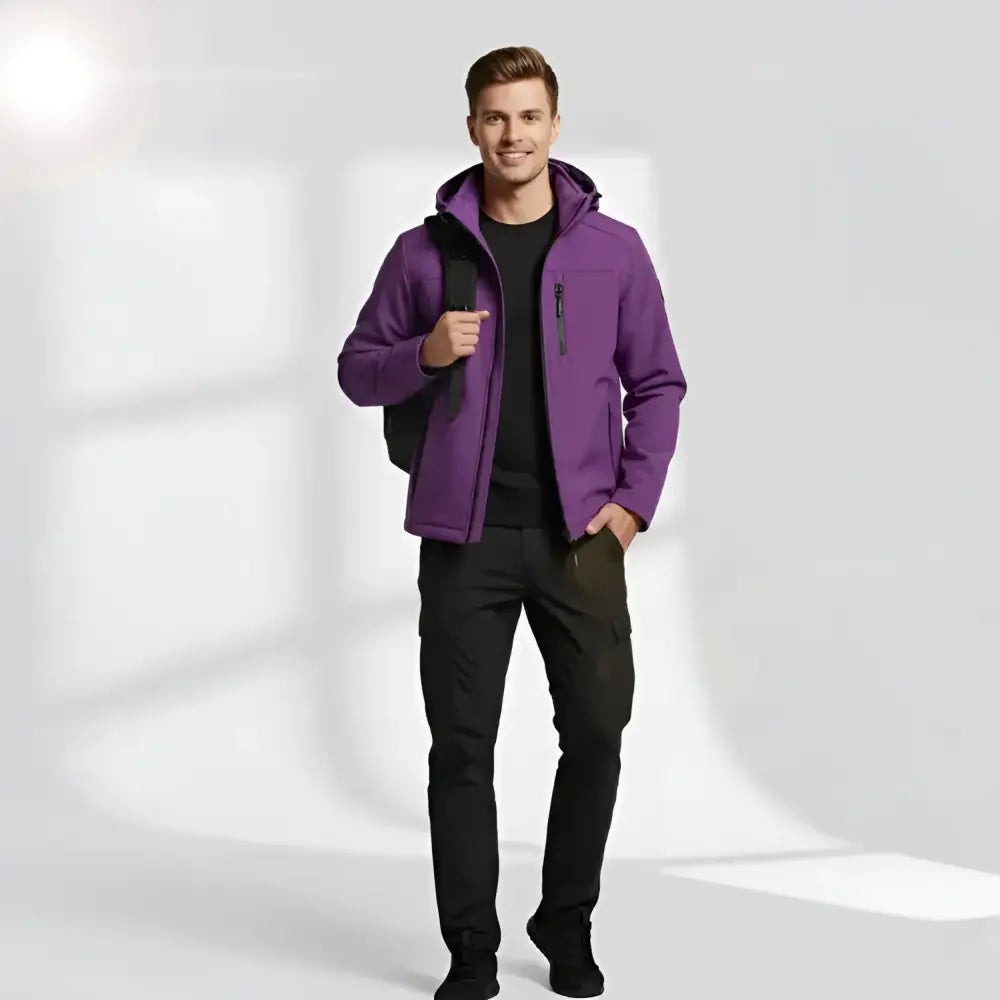 Parka homme imperméable avec veste à capuche violette et pantalon cargo noir