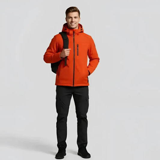 Parka homme imperméable avec capuche orange, softshell, plein de poches, zippée