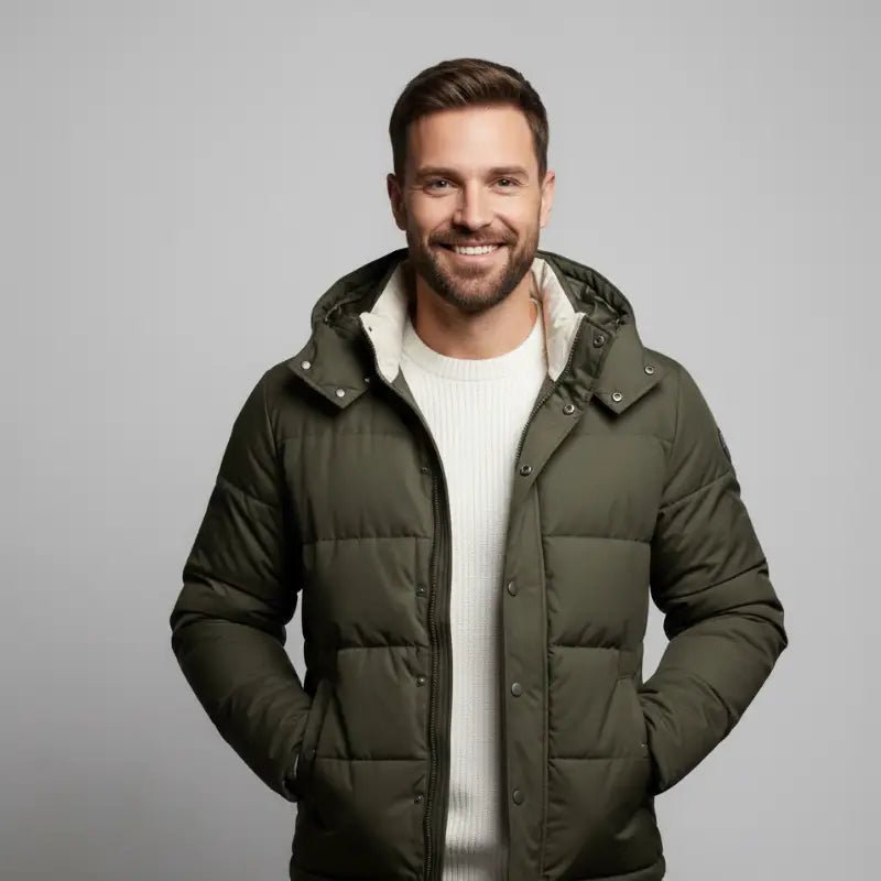 Parka homme vert militaire, style minimaliste, coupe droite, parfait pour les tenues urbaines au quotidien.