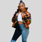 Parka imperméable femme avec motif camouflage orange, noir et vert pour femme