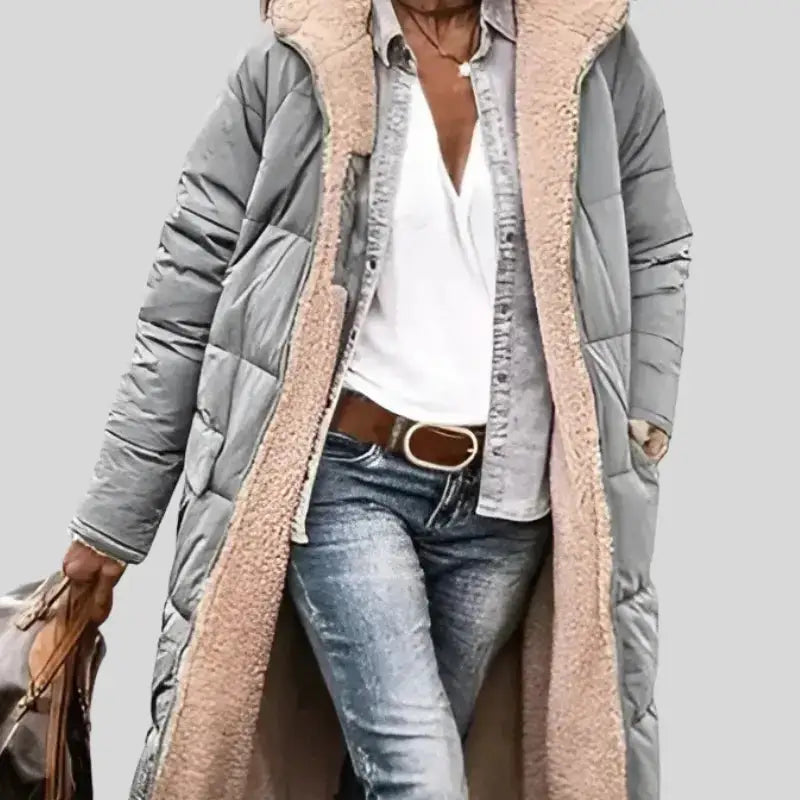 Parka imperméable fourrée femme avec capuche, long gris, doublure fourrée, hiver