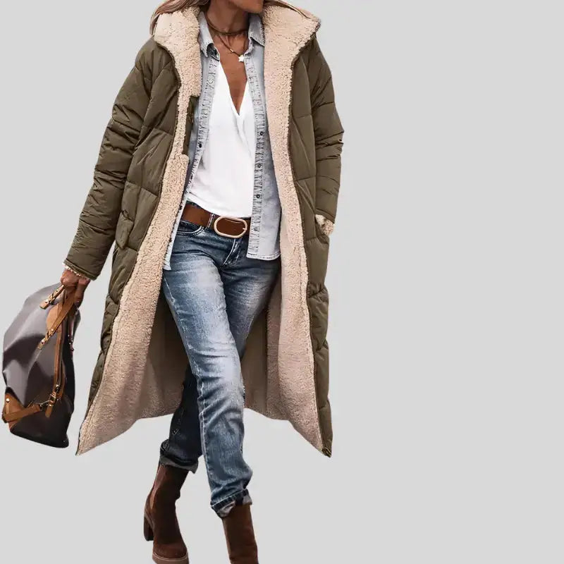 Parka imperméable fourrée femme avec long olive green puffer coat et doublure fourrée