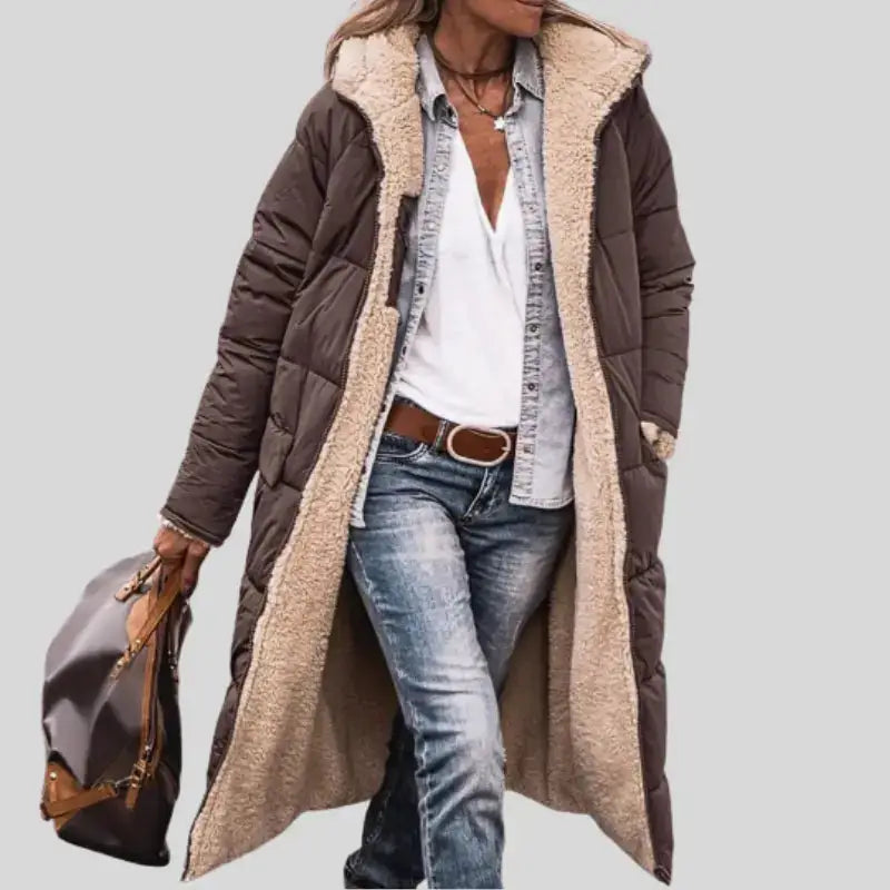Parka imperméable fourrée femme avec capuche, longue, marron, doublure fourrée