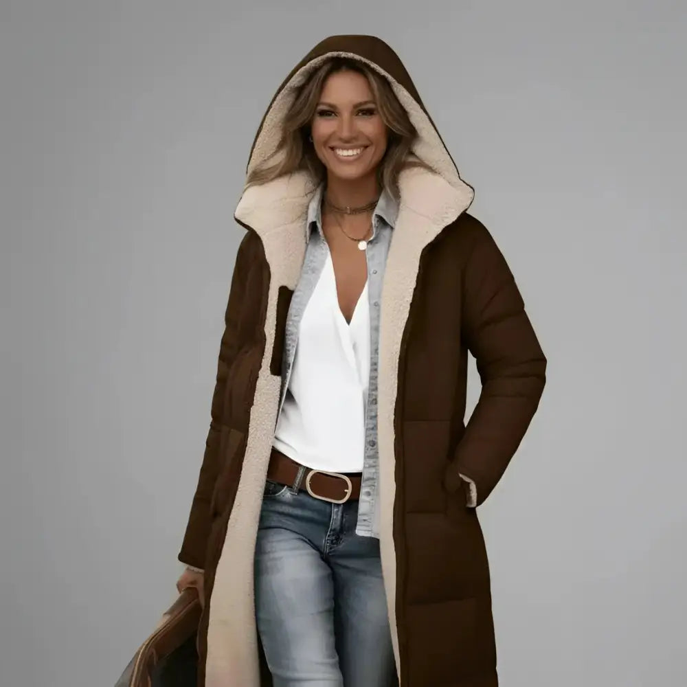 Parka imperméable fourrée femme avec capuche et doublure fourrée en brun long
