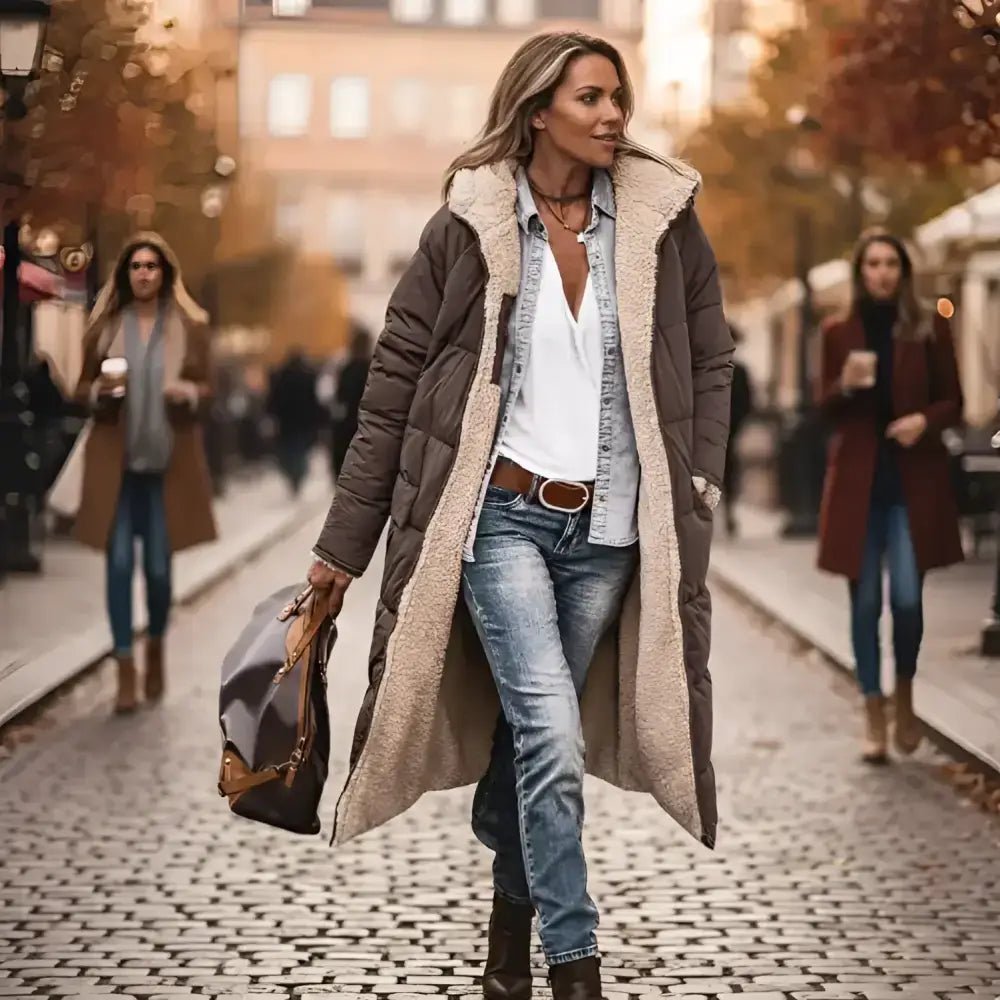 Parka femme fourrée à capuche portée dans une rue animée, style hivernal élégant.