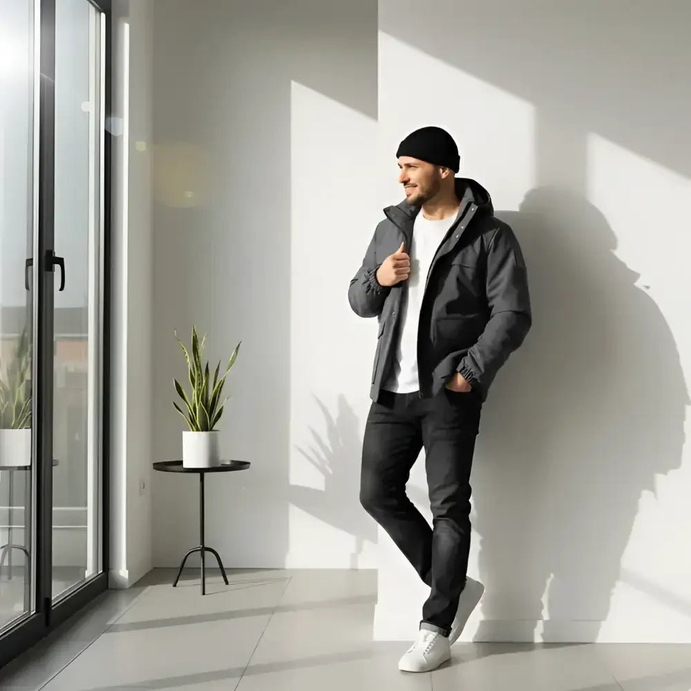 Homme portant une parka homme grise à capuche, style urbain, dans un intérieur moderne.