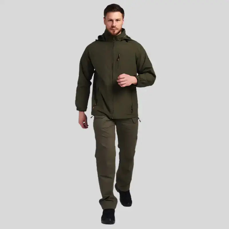 Parka K-Way Homme veste imperméable avec capuche réglable et pantalon cargo vert foncé