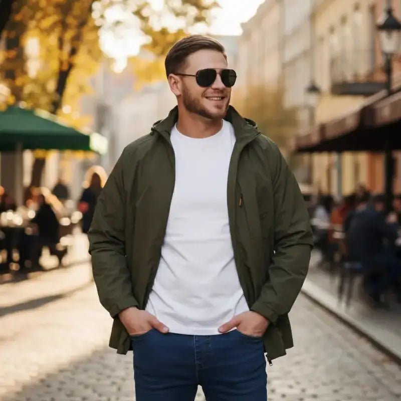 Homme souriant portant une parka homme imperméable légère sur une rue ensoleillée.