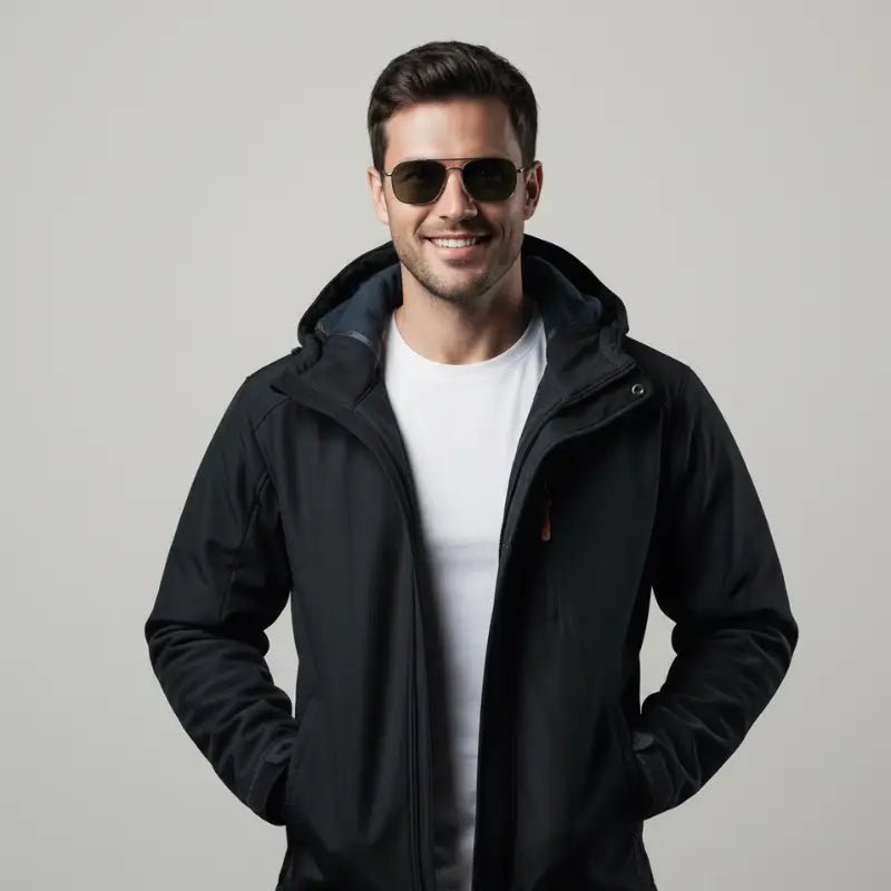 Homme portant une parka homme imperméable légère et des lunettes de soleil, sourire sur fond neutre.