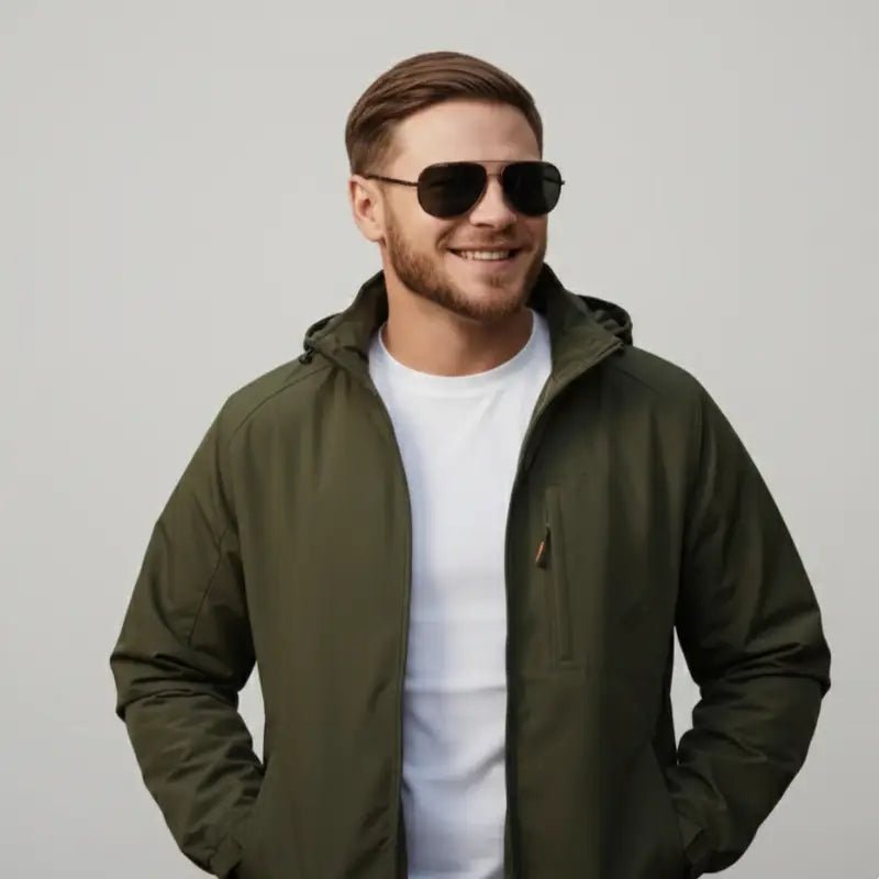 Homme portant une parka homme imperméable légère de couleur vert militaire avec des lunettes de soleil.