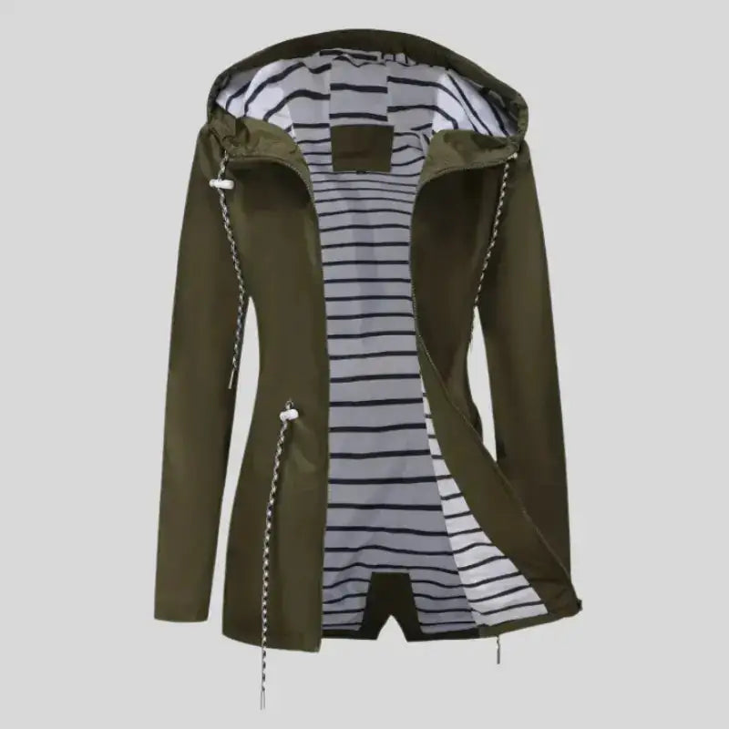 Parka kaki femme avec capuche olive vert et doublure rayée, cordons ajustables