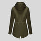 Veste de pluie olive verte avec capuche et taille à cordon, parka kaki femme