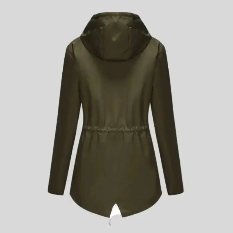Parka kaki femme légère vue arrière, idéale pour les journées de mi-saison, élégante et pratique.