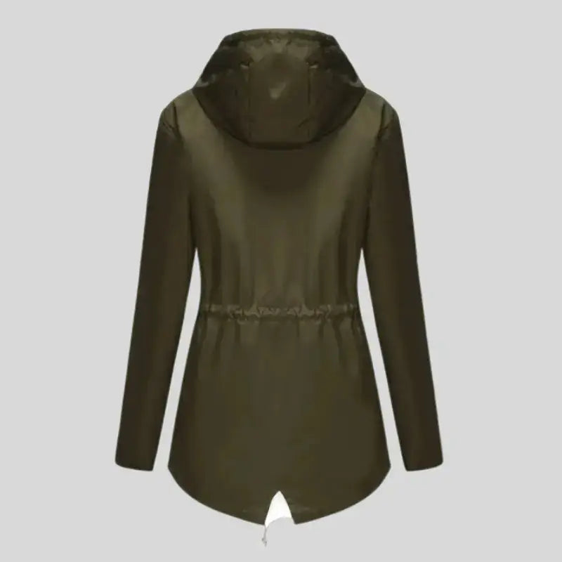 Veste de pluie olive verte avec capuche et taille à cordon, parka kaki femme