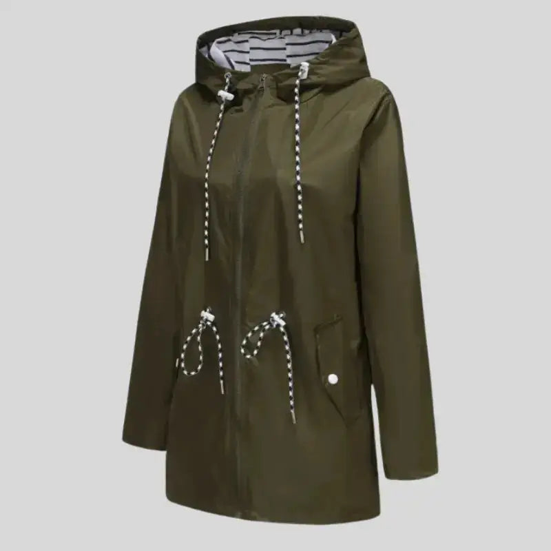 Parka kaki femme en olive vert avec capuche rayée et cordons ajustables