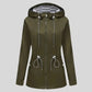 Parka kaki femme avec capuche olive verte, doublure rayée et taille à cordon