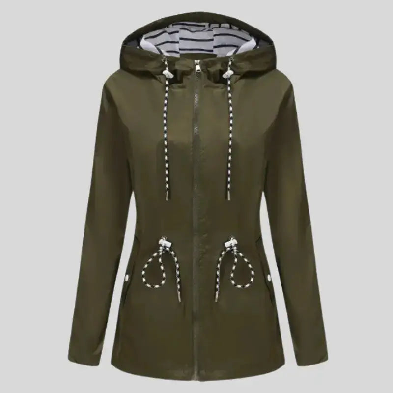 Parka kaki femme avec capuche olive verte, doublure rayée et taille à cordon