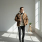 Parka kaki pour homme avec doublure intérieure et capuche réglable, brown puffer jacket avec cream hoodie