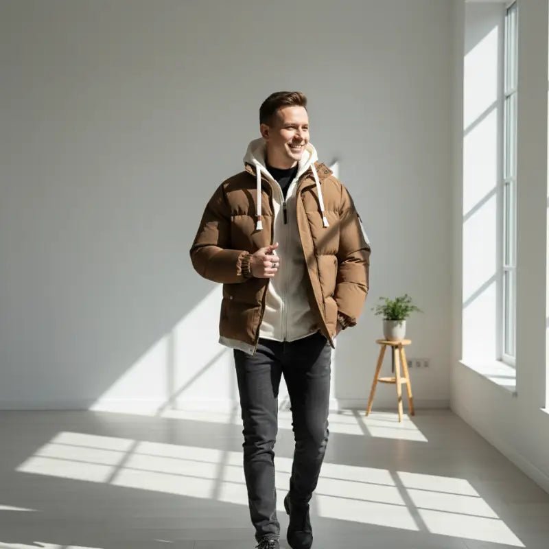 Parka kaki homme ajustée avec capuche, look décontracté et élégant pour l'hiver.