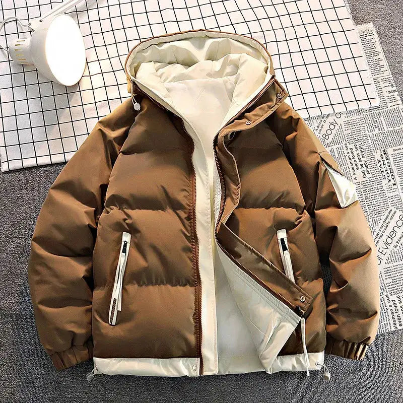 Parka kaki pour homme avec doublure intérieure et capuche réglable, veste matelassée brune et crème