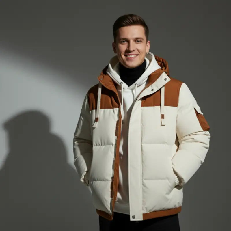 Parka kaki pour homme avec doublure intérieure, capuche réglable, porté avec hoodie blanc