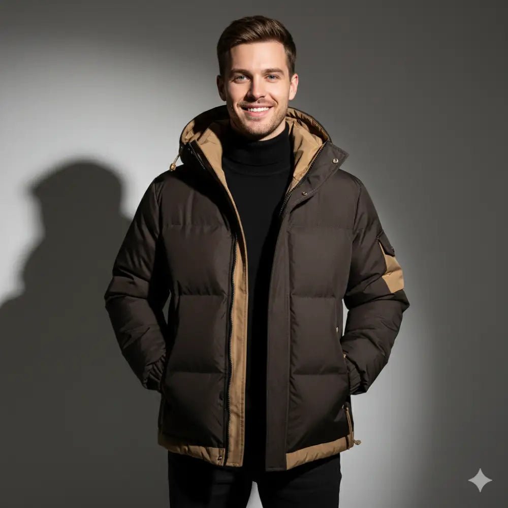 Parka kaki pour homme moderne avec capuche, confortable et stylé pour l'hiver.