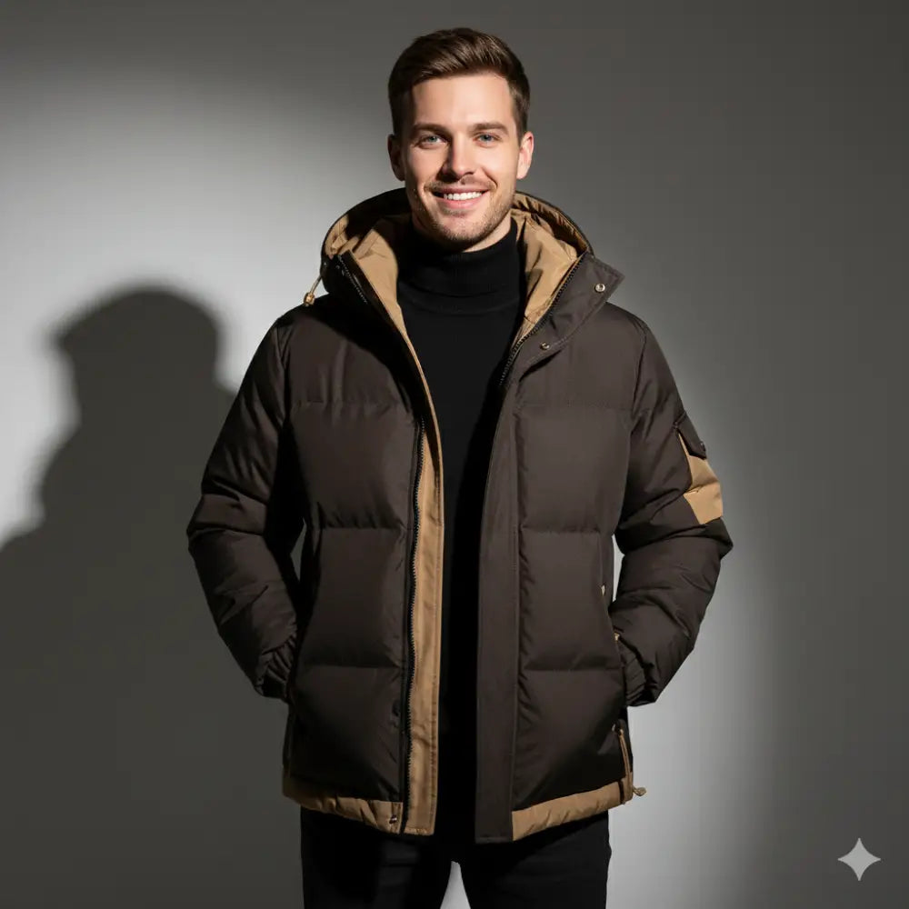 Parka kaki pour homme avec doublure intérieure, capuche réglable et veste puffer marron foncé