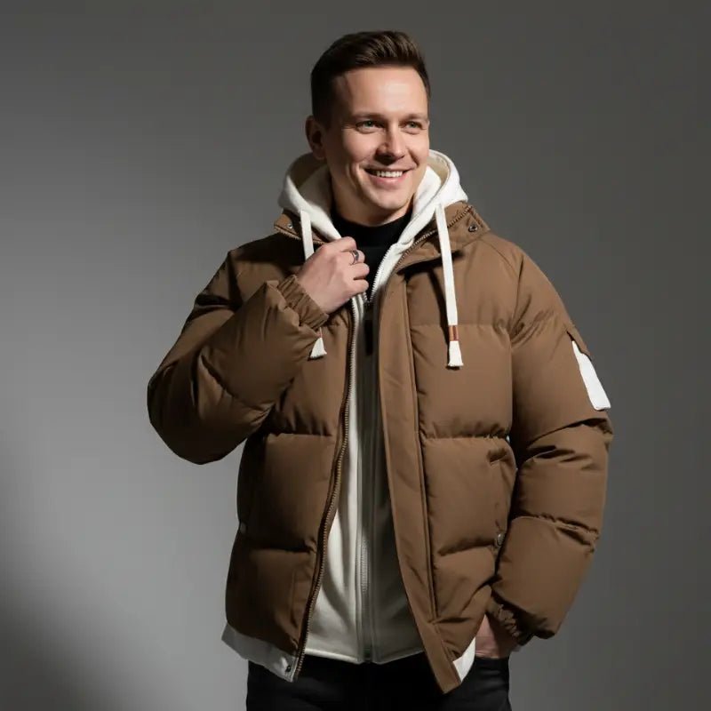 Parka kaki homme ajustée avec capuche, style moderne et coupe ajustée pour l'hiver.