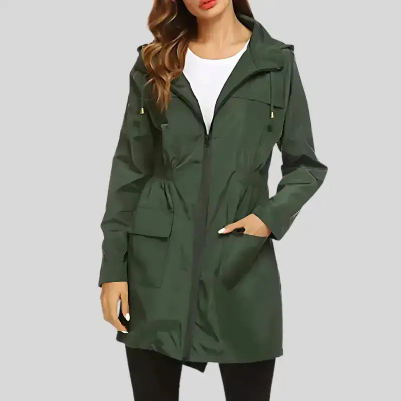 Parka Kway Femme veste imperméable verte foncée avec poches pratiques et capuche