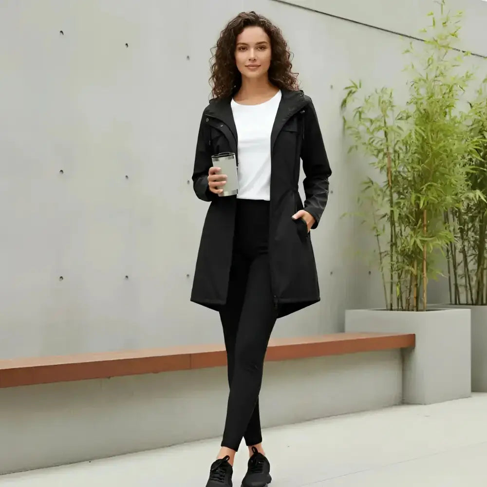 Parka Kway Femme en tissu imperméable avec poches pratiques, femme en trench noir