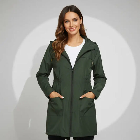 Parka Kway Femme en tissu imperméable avec poches pratiques et capuche verte