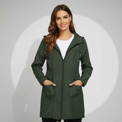 Parka Kway Femme en tissu imperméable avec poches pratiques et capuche verte