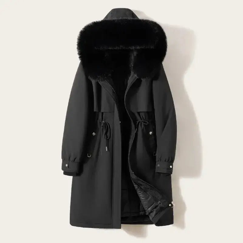 Parka longue femme noire avec col en fausse fourrure, idéale pour les journées froides et stylées.