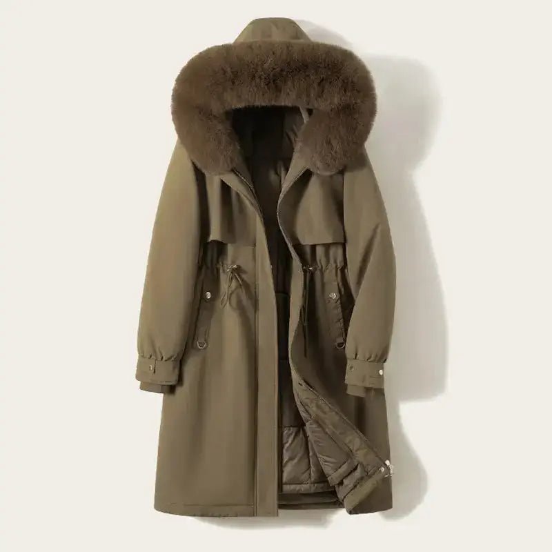 Parka femme longue col doux en kaki avec col en fourrure - La Caressante