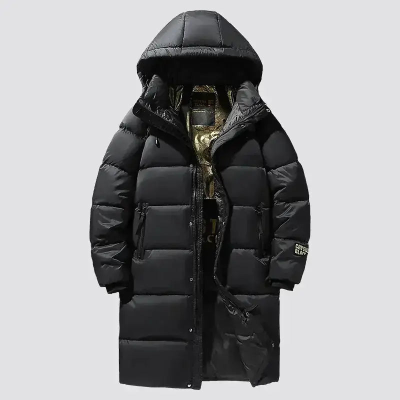 Parka longue femme imperméable avec capuche, manteau noir matelassé pour l'hiver.