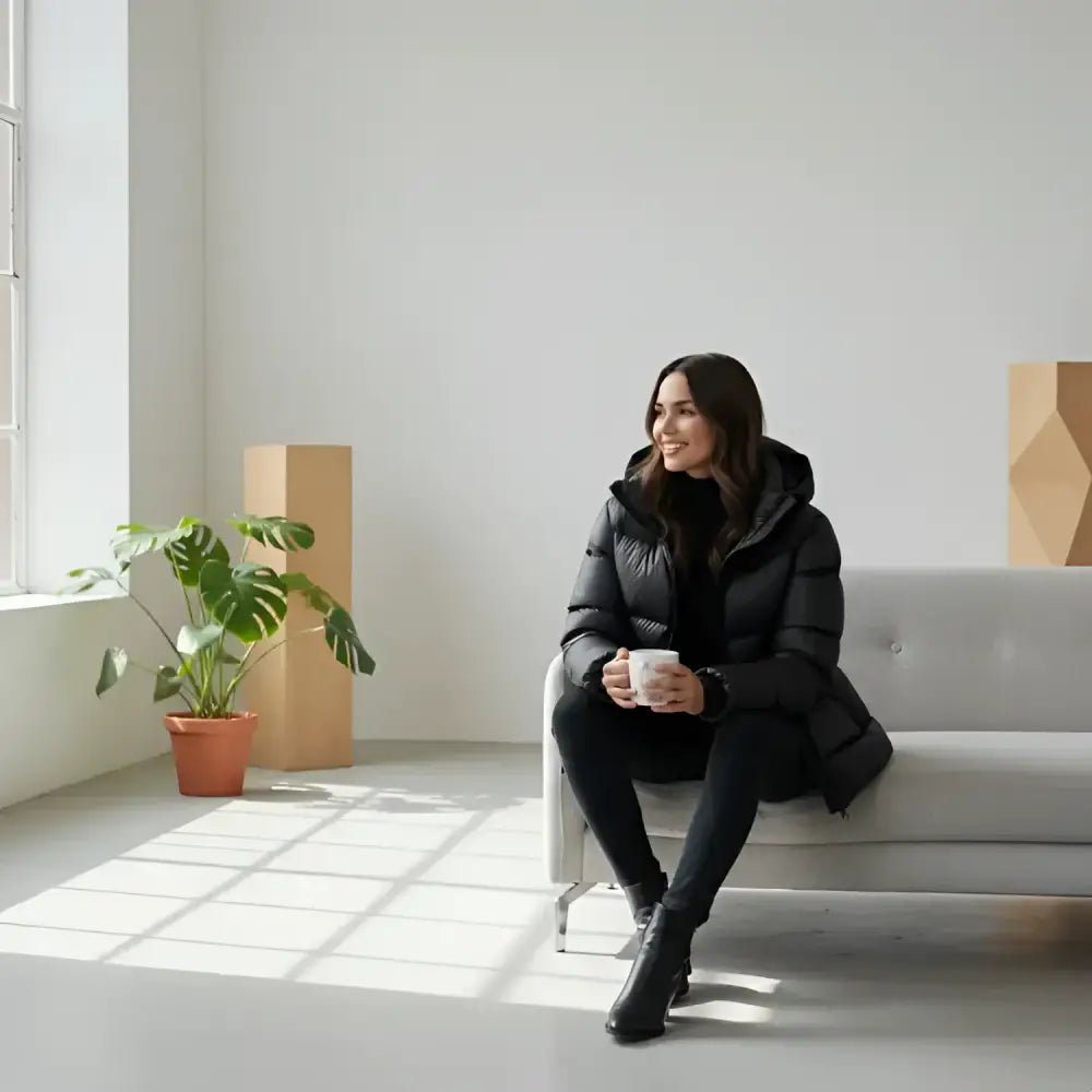 Femme en parka longue femme imperméable noire, assise sur un canapé avec une tasse, dans un intérieur moderne.