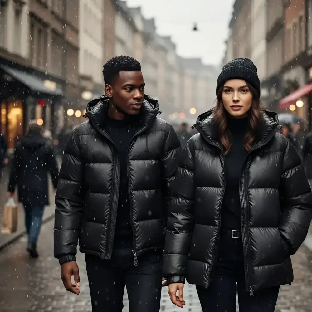 Parka longue femme imperméable black worn by a couple in a snowy urban street.