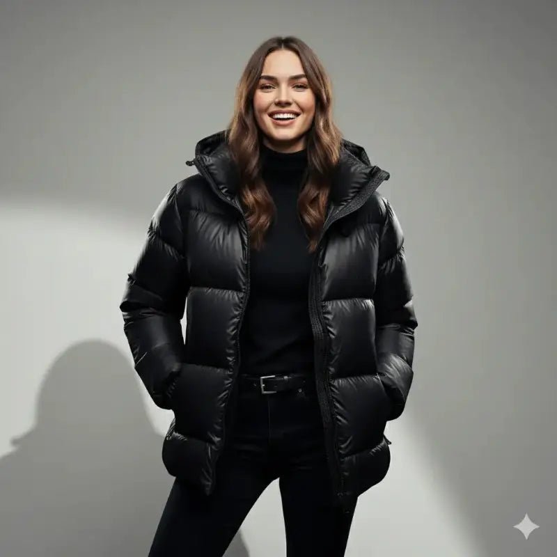 Parka longue femme imperméable noire avec capuche portée par un modèle souriant.