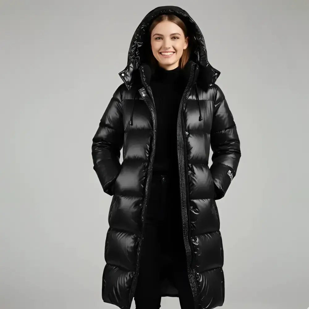 Parka longue femme imperméable noire avec capuche intégrée, style moderne, idéale pour les journées pluvieuses.