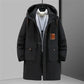 Parka longue homme noire avec doublure intérieure légère et capuche, style hiver