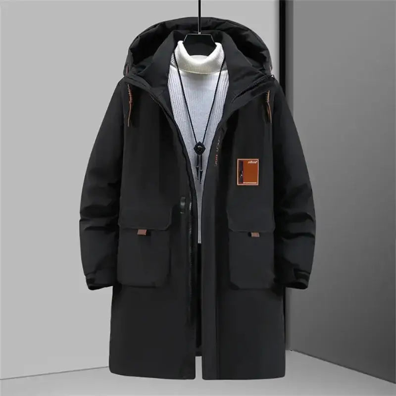 Parka longue homme noire avec doublure intérieure légère et capuche, style hiver